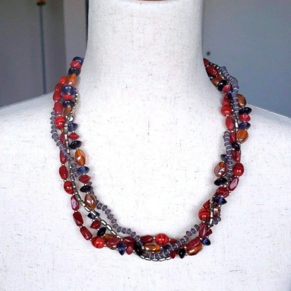 Multi‎ Strand Beaded Statement Necklace Red Amber Navy Boho Layered Jewelry